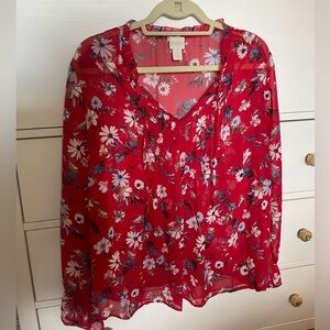 Chicos Sheer Floral Ruffle Long Sleeve Tie Blouse